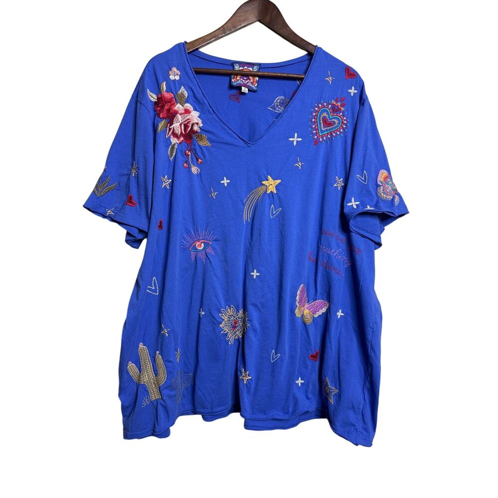Johnny Was Monroe Everyday Tee Blue Embroidered Floral Butterfly Celestial 3X